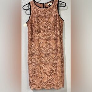 Loft Lace Tiered Mauve Dress Size 2P, Arm & Neck In Black, Back Zipper